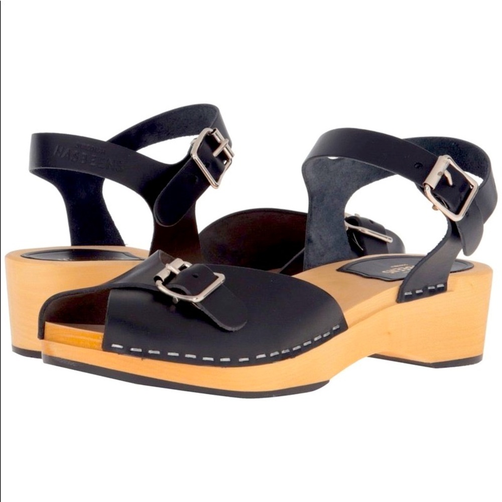 Swedish Hasbeens Pia low-heel clog sandals in Black